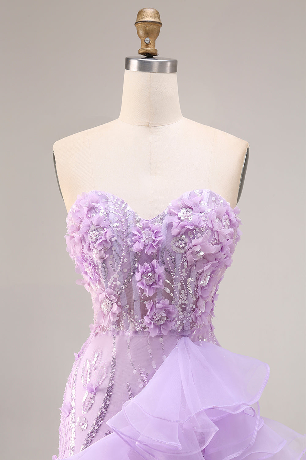 Sparkly Lilac Floral Ruffled Sweetheart Mermaid Beaded Long Prom Dress with Slit