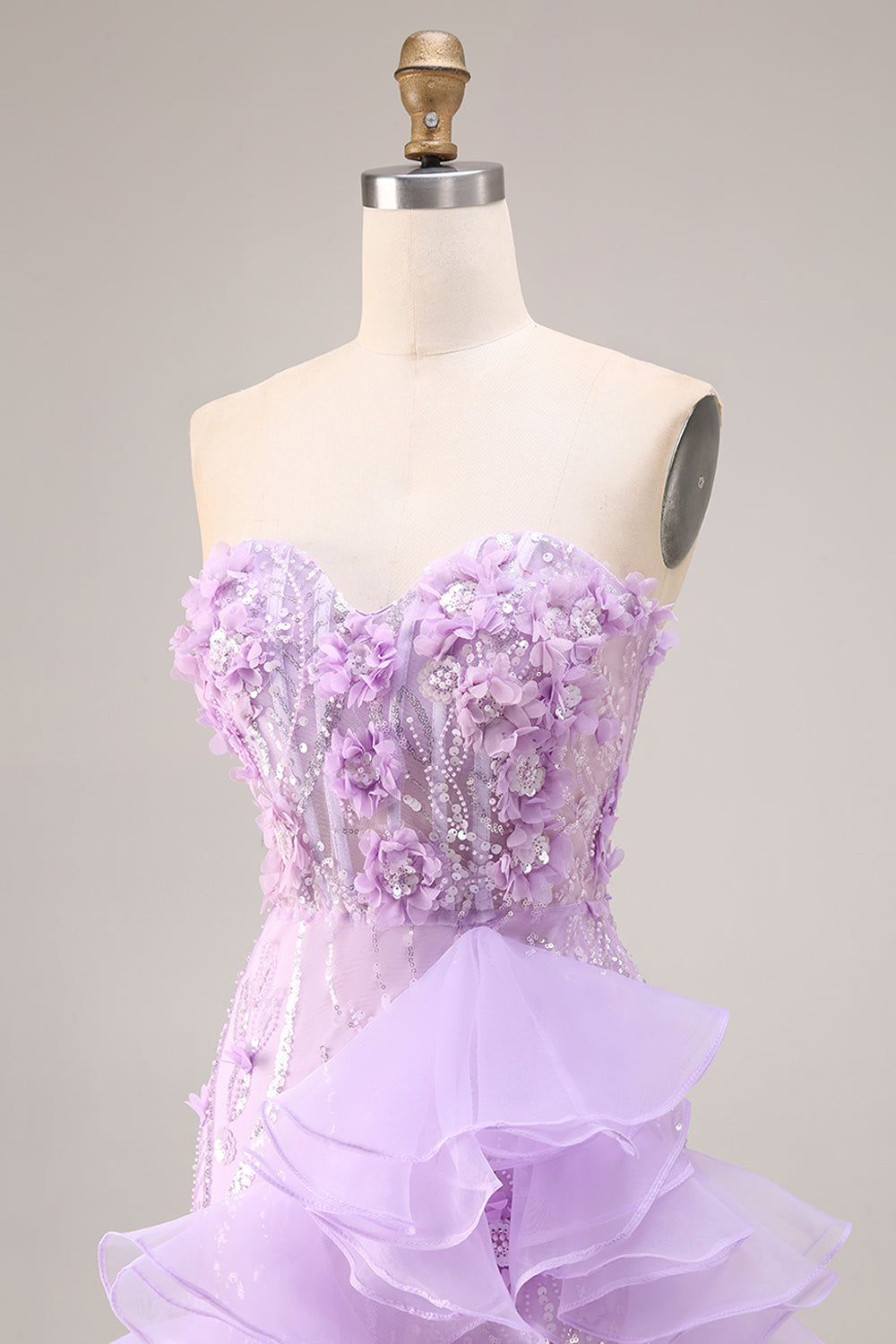 Sparkly Lilac Floral Ruffled Sweetheart Mermaid Beaded Long Prom Dress with Slit
