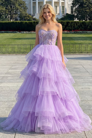 Sparkly Purple Tiered Beaded Floral Tulle Long Corset Prom Dress with Ruffles
