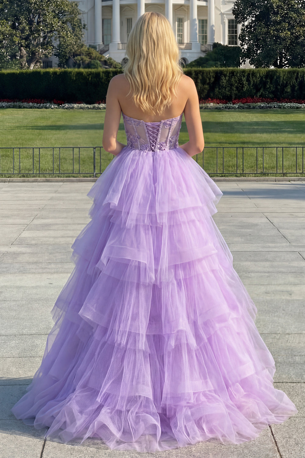 Sparkly Purple Tiered Beaded Floral Tulle Long Corset Prom Dress with Ruffles