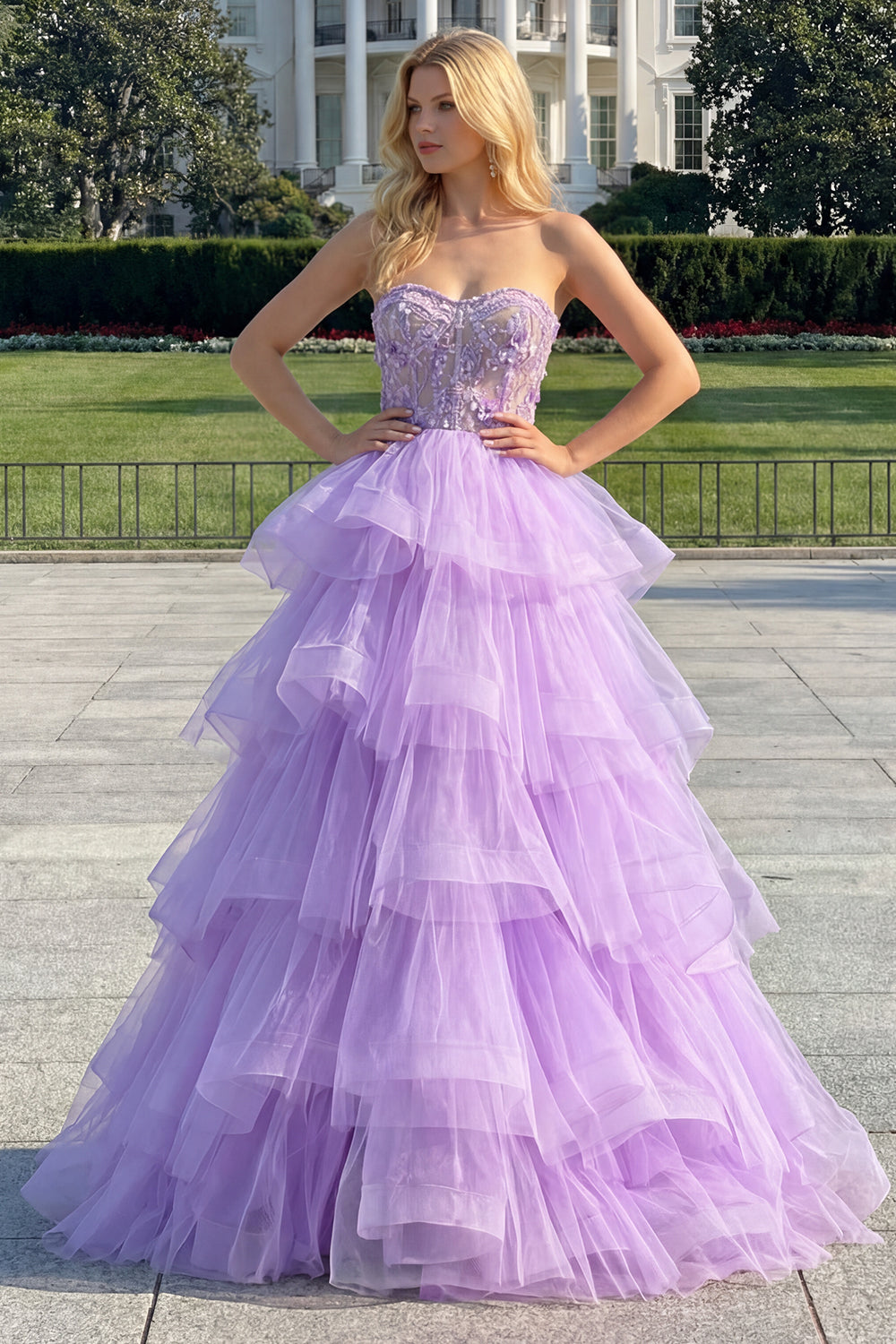 Sparkly Purple Tiered Beaded Floral Tulle Long Corset Prom Dress with Ruffles