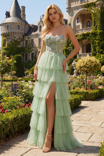 Sparkly Floral Green Beaded Long Corset Prom Dress with Ruffles