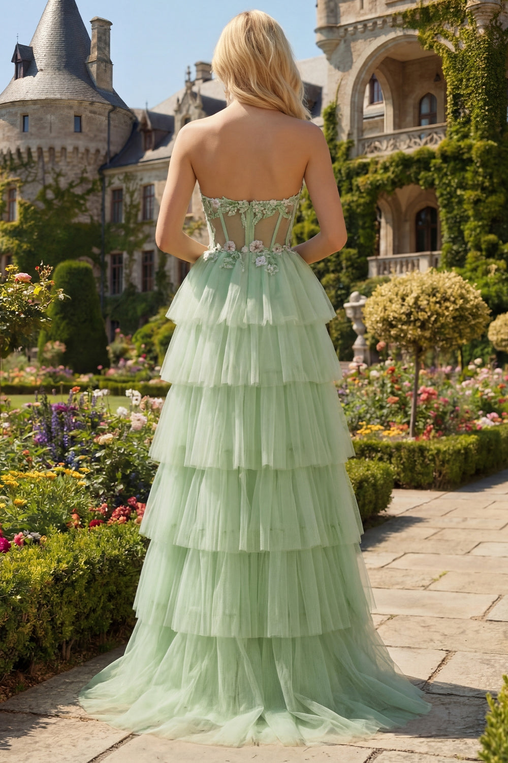 Sparkly Floral Fuchsia Tiered Beaded Long Corset Prom Dress with Slit