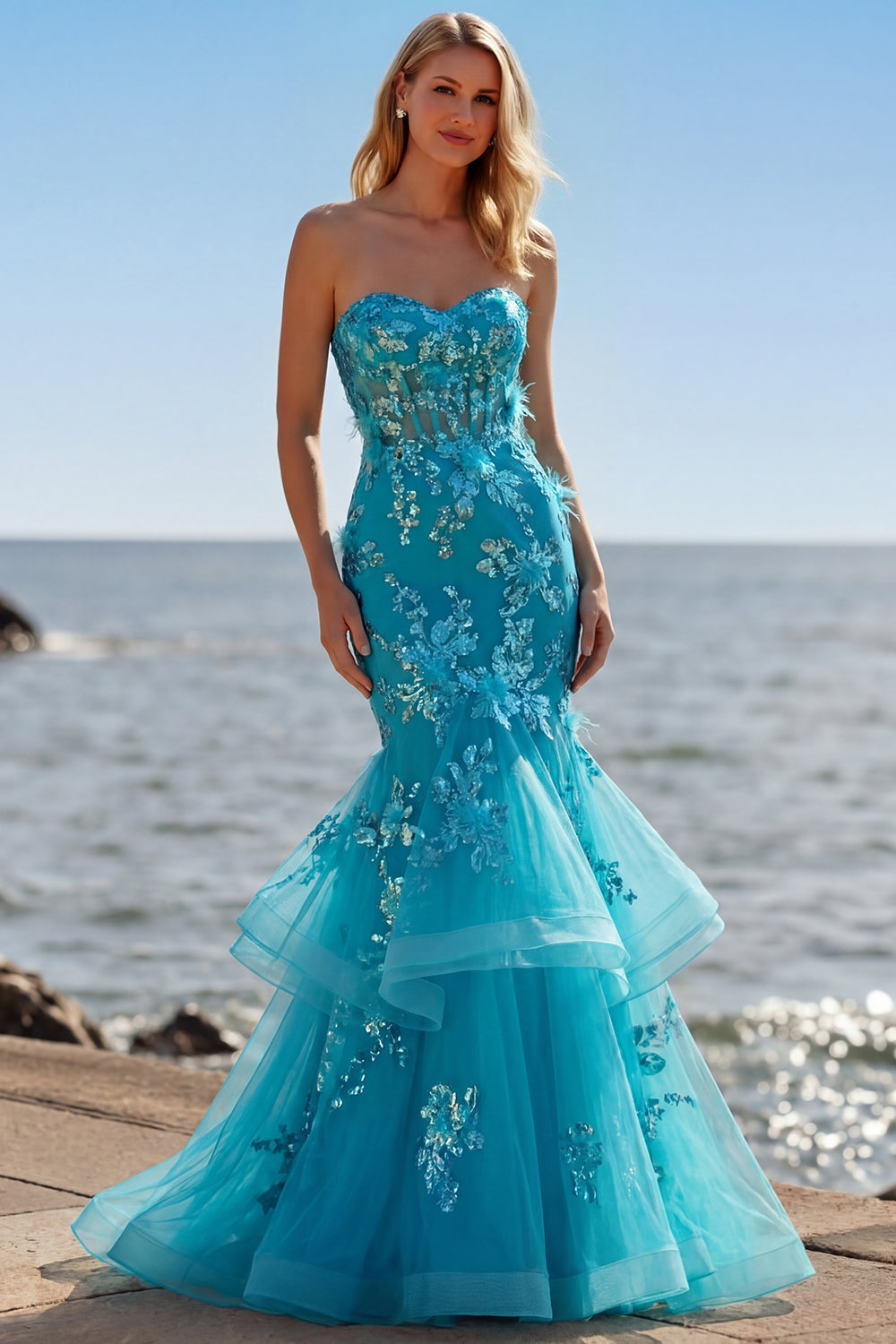 Sparkly Blue Sequin Mermaid Long Corset Prom Dress with Ruffles