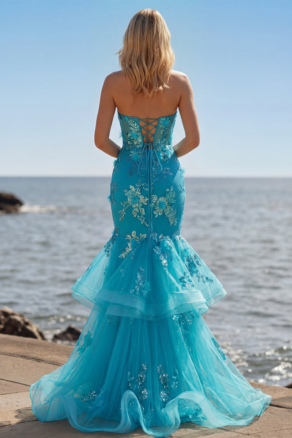 Sparkly Blue Sequin Mermaid Long Corset Prom Dress with Ruffles