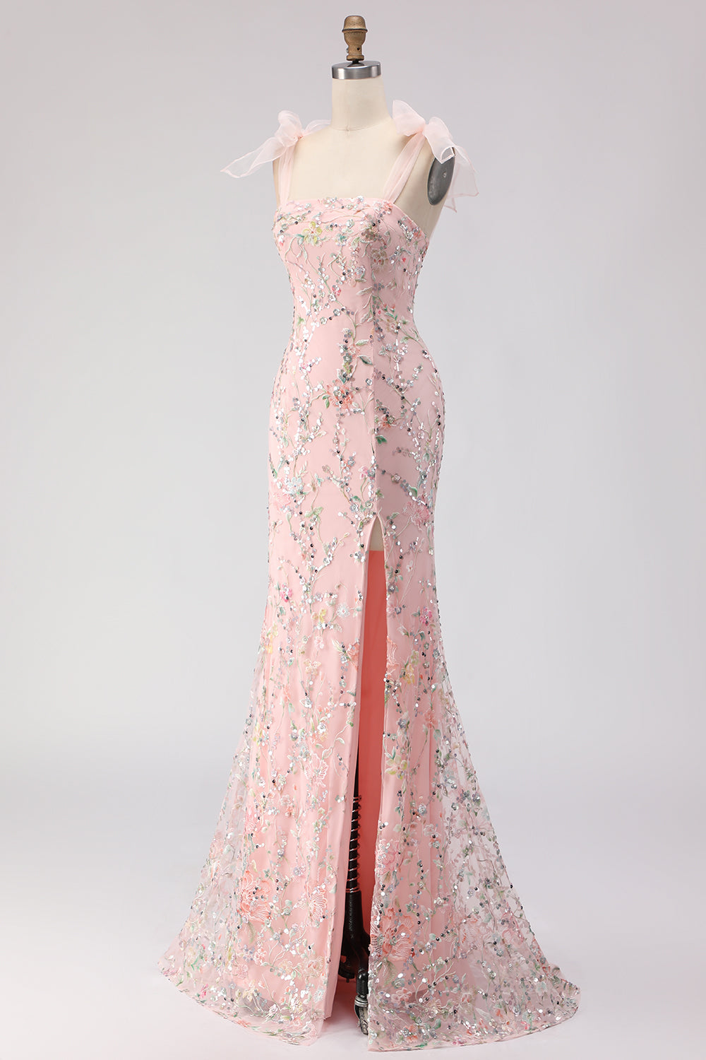 Sparkly Floral Blush Mermaid Sequins Long Prom Dress with Slit