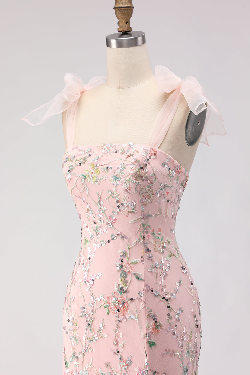 Sparkly Floral Blush Mermaid Sequins Long Prom Dress with Slit