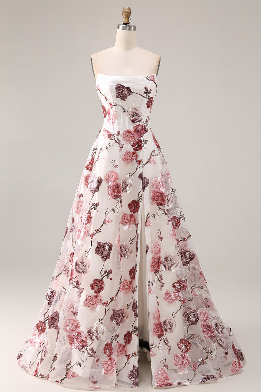 Sparkly White and Red Floral Strapless A Line Long Corset Prom Dress with Slit