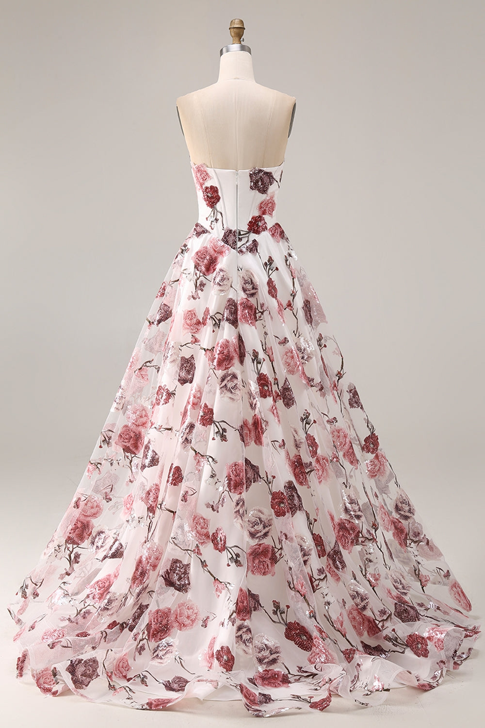 Sparkly White and Red Floral Strapless A Line Long Corset Prom Dress with Slit