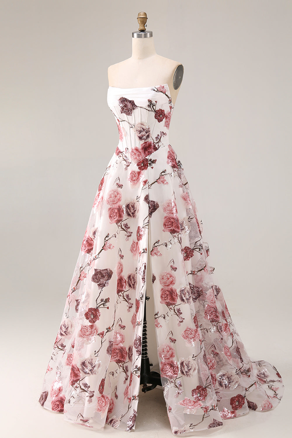 Sparkly White and Red Floral Strapless A Line Long Corset Prom Dress with Slit