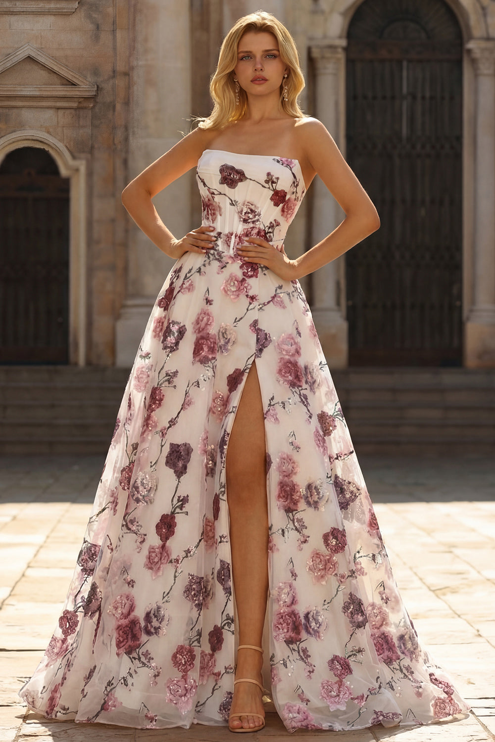Sparkly White and Red Floral Strapless A Line Long Corset Prom Dress with Slit