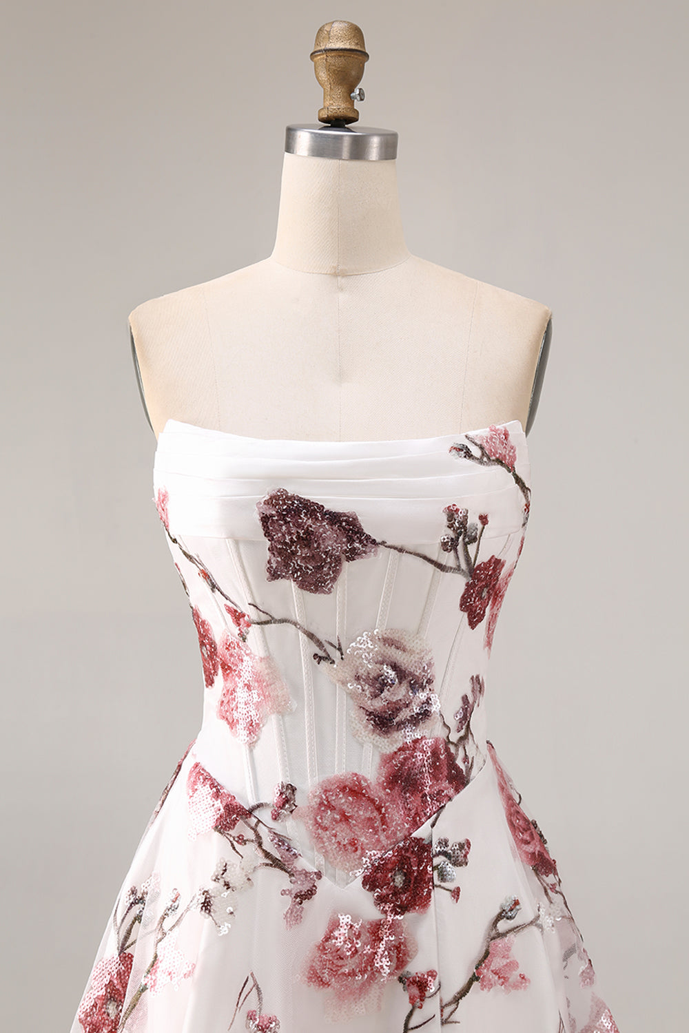 Sparkly White and Red Floral Strapless A Line Long Corset Prom Dress with Slit