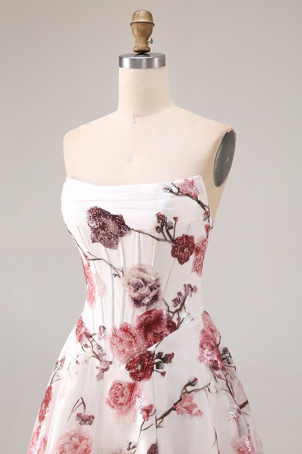 Sparkly White and Red Floral Strapless A Line Long Corset Prom Dress with Slit