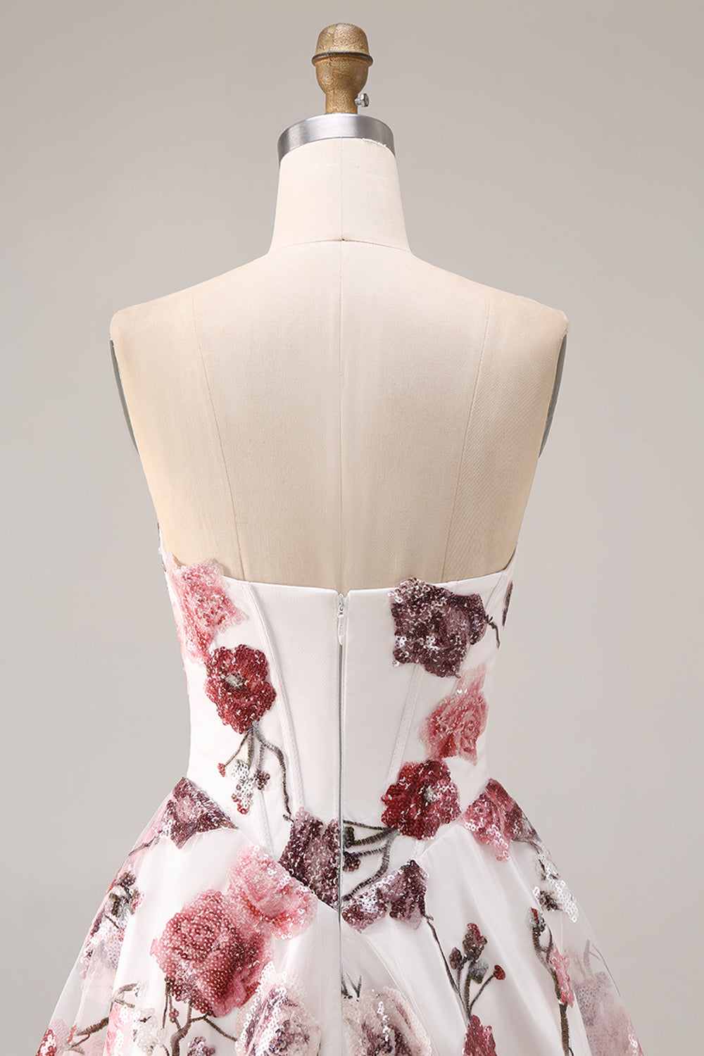 Sparkly White and Red Floral Strapless A Line Long Corset Prom Dress with Slit