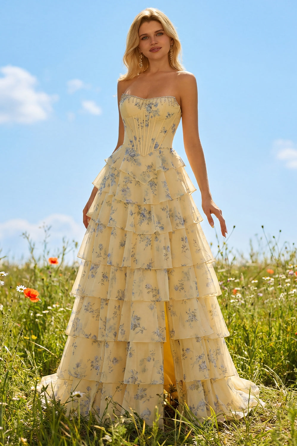 Sparkly Floral Yellow and Blue Tiered A Line Long Corset Prom Dress with Slit
