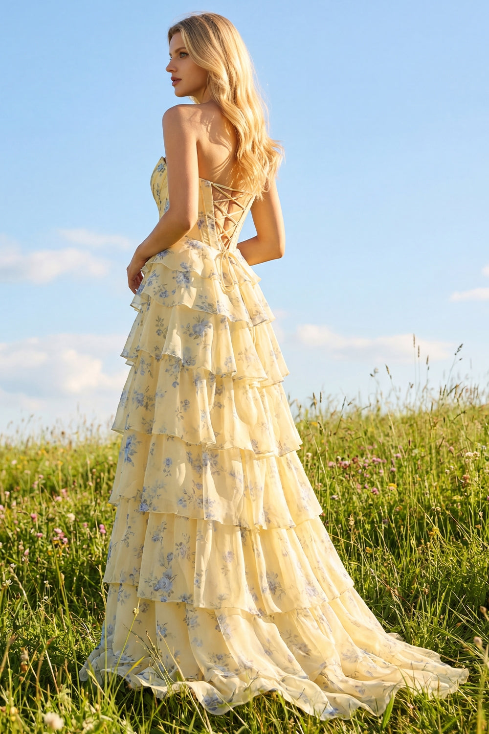 Sparkly Floral Yellow and Blue Tiered A Line Long Corset Prom Dress with Slit