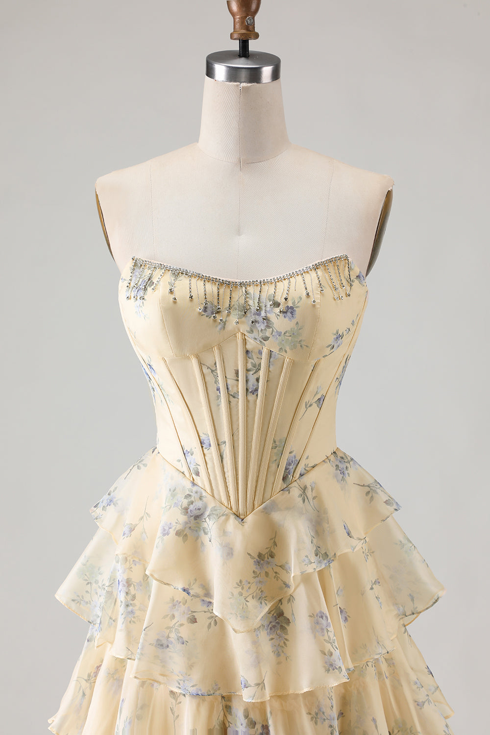 Sparkly Floral Yellow and Blue Tiered A Line Long Corset Prom Dress with Slit