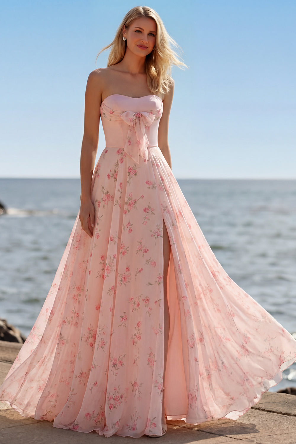 Floral Yellow and Blue A Line Sweetheart Long Corset Prom Dress with Bow
