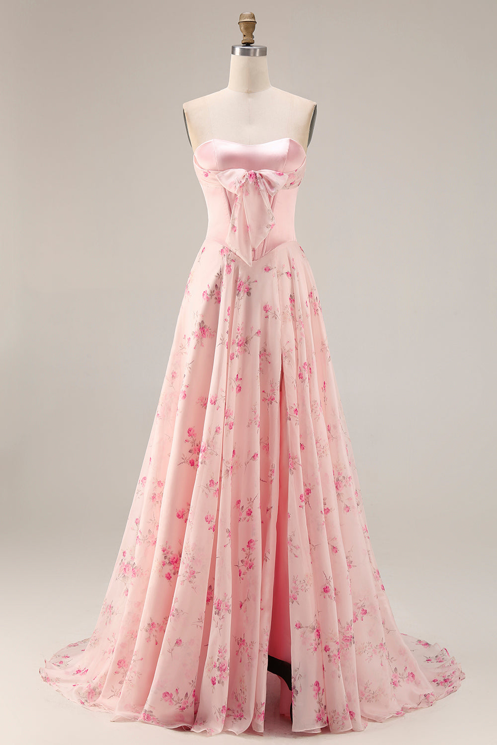 Floral Pink and Red Sweetheart A Line Long Corset Prom Dress with Bow