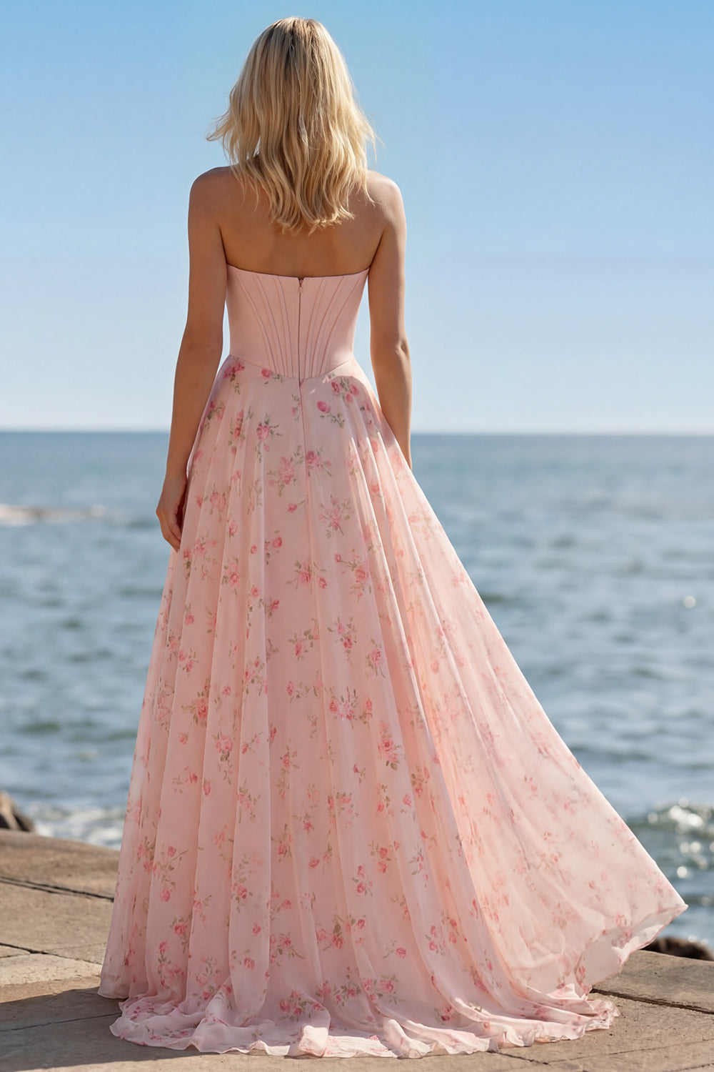 Floral Yellow and Blue A Line Sweetheart Long Corset Prom Dress with Bow