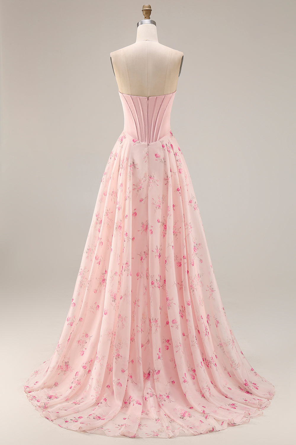 Floral Pink and Red Sweetheart A Line Long Corset Prom Dress with Bow