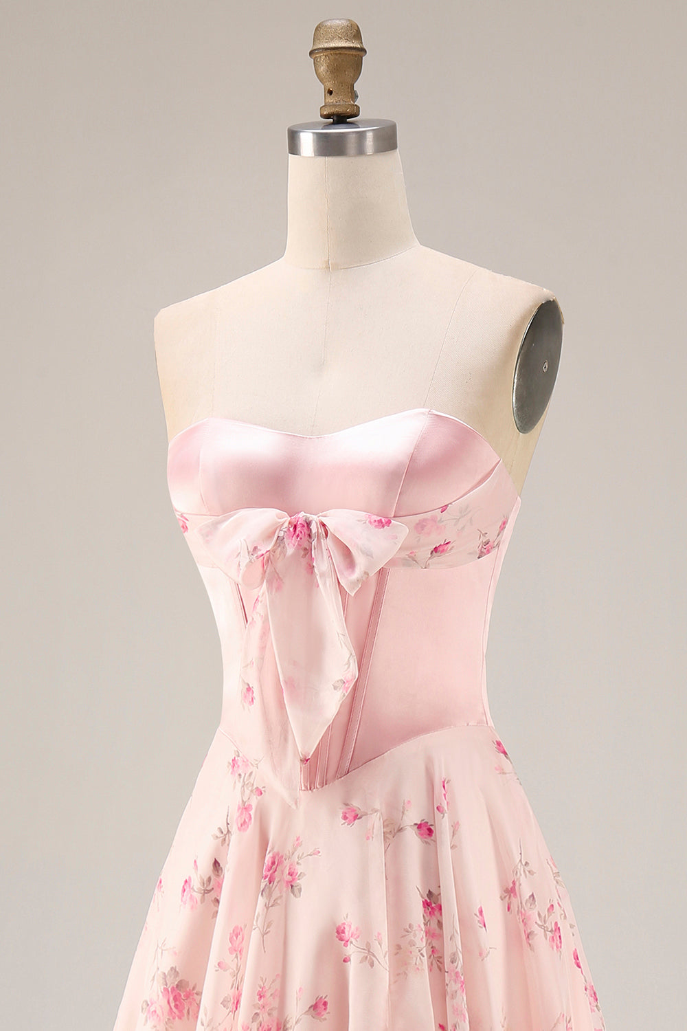 Floral Pink and Red Sweetheart A Line Long Corset Prom Dress with Bow