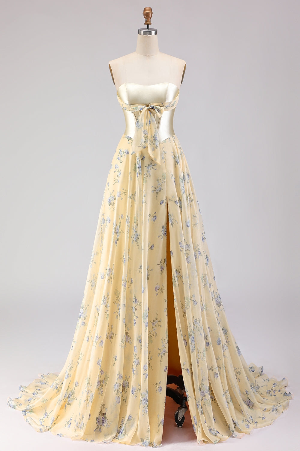 Floral Yellow and Blue A Line Sweetheart Long Corset Prom Dress with Bow