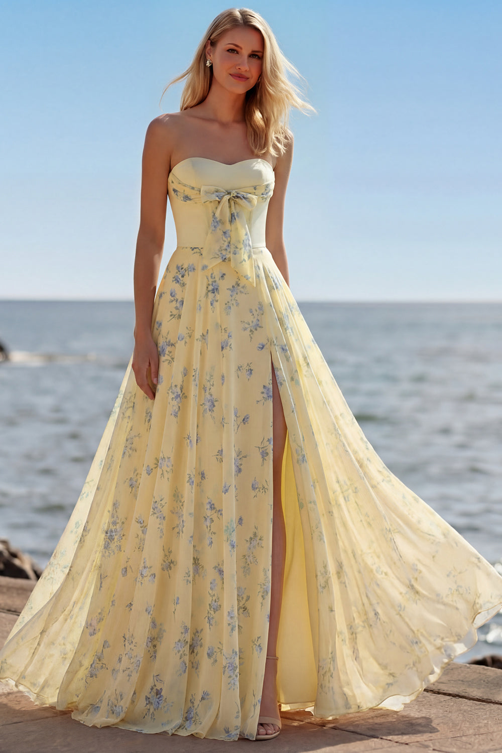 Floral Yellow and Blue A Line Sweetheart Long Corset Prom Dress with Bow