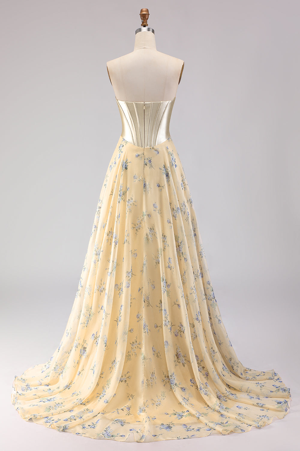 Floral Yellow and Blue A Line Sweetheart Long Corset Prom Dress with Bow