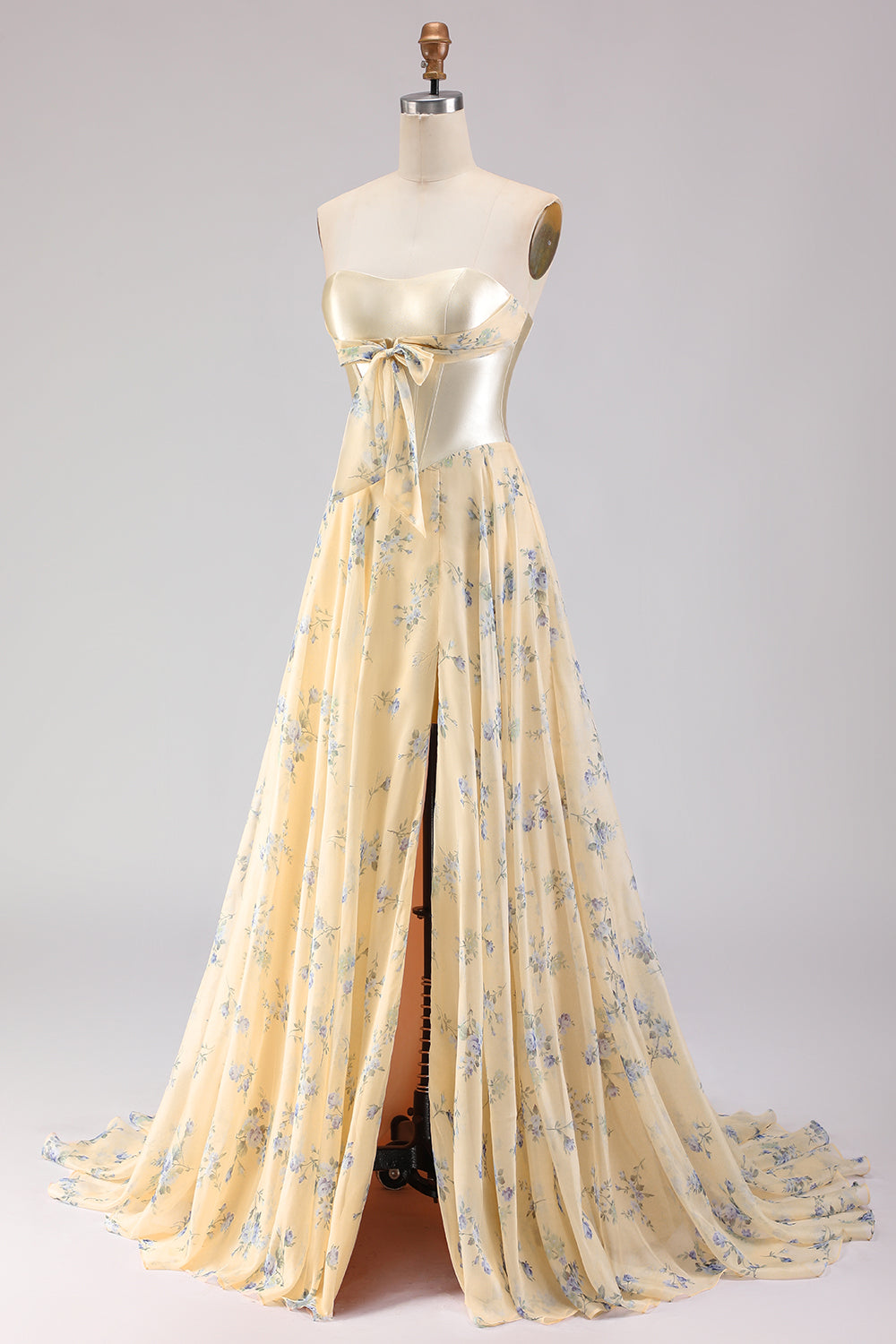 Floral Yellow and Blue A Line Sweetheart Long Corset Prom Dress with Bow