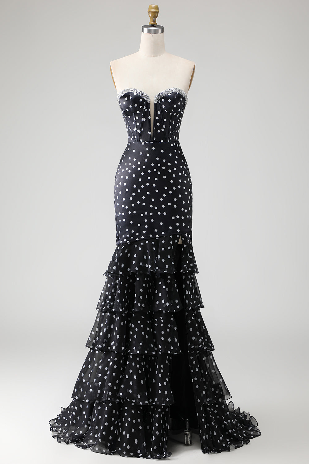 Black and White Ploka Dots Mermaid Corset Long Prom Dress with Ruffles