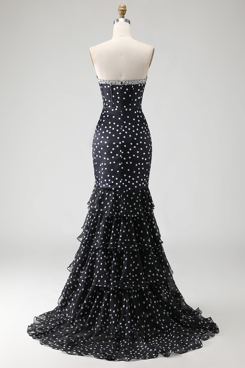Plus Size Black and White Polka Dots Mermaid Long Corset Prom Dress with Ruffles