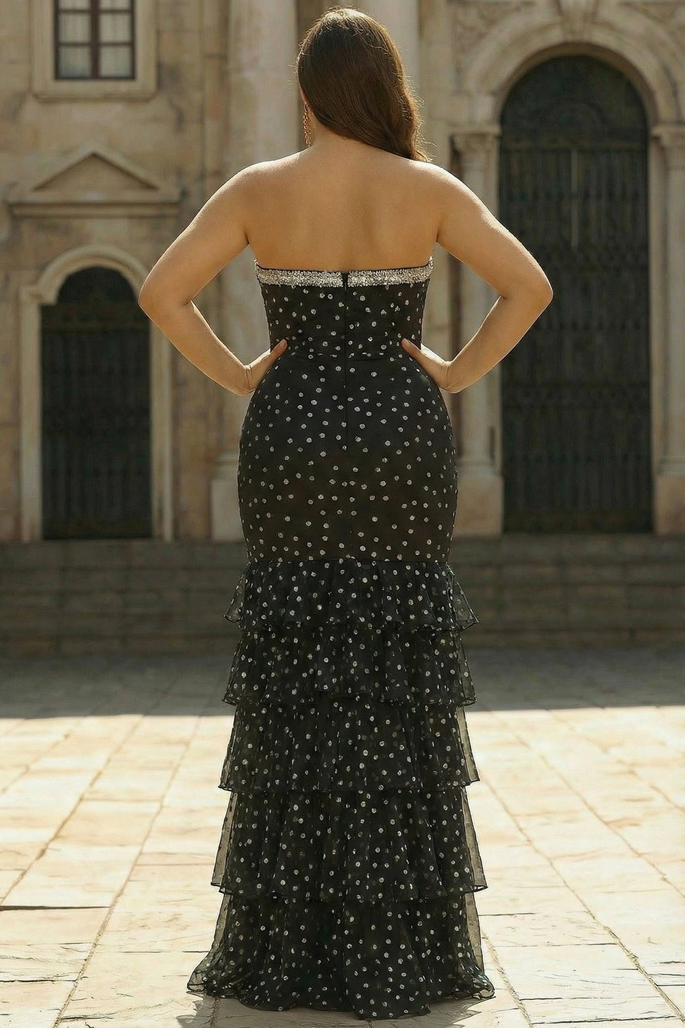 Black and White Polka Dots Mermaid Long Corset Prom Dress with Ruffles