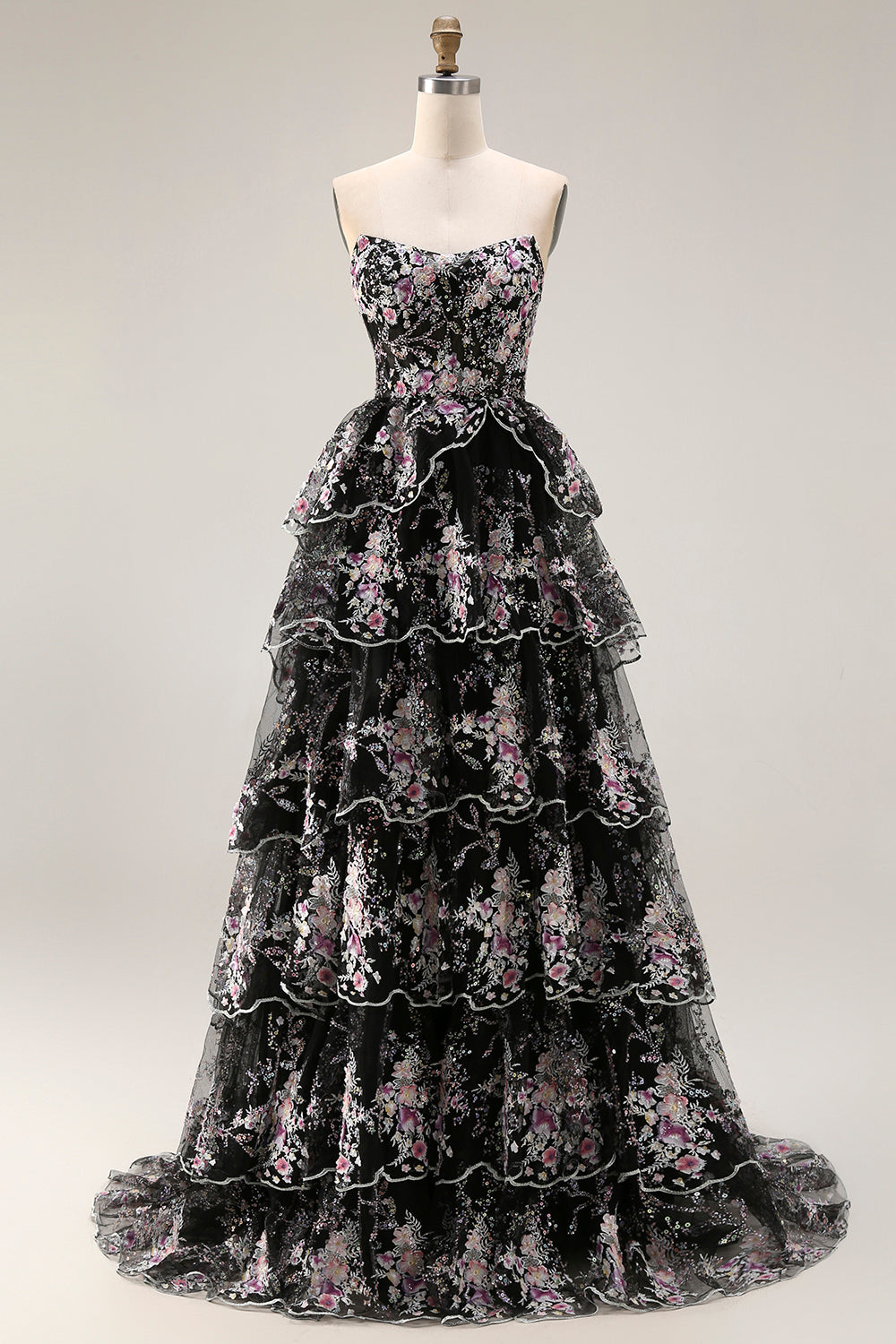 Sparkly Floral White and Pink A Line Tiered Strapless Lace Long Prom Dress