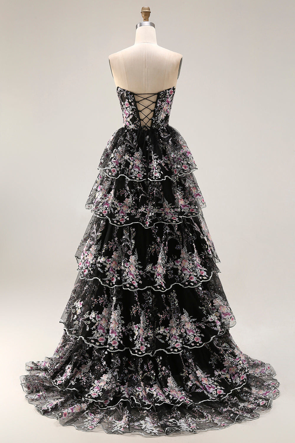 Sparkly Floral White and Pink A Line Tiered Strapless Lace Long Prom Dress