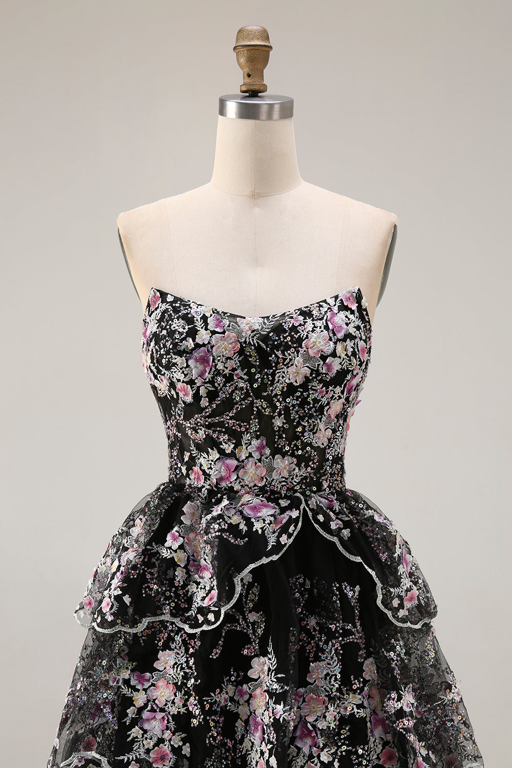 Sparkly Floral Black Pink Lace A Line Tiered Strapless Long Prom Dress