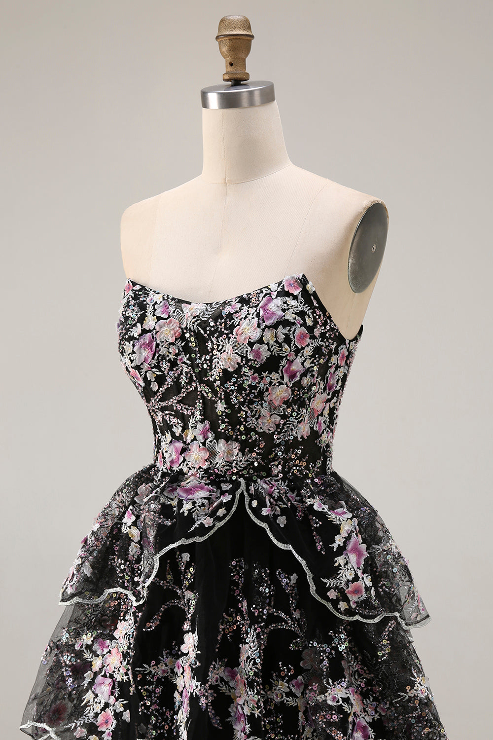 Sparkly Floral White and Pink A Line Tiered Strapless Lace Long Prom Dress