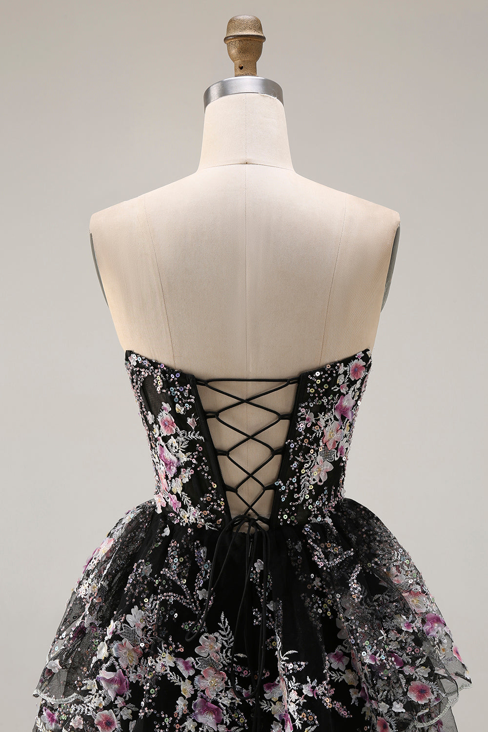 Sparkly Floral White and Pink A Line Tiered Strapless Lace Long Prom Dress