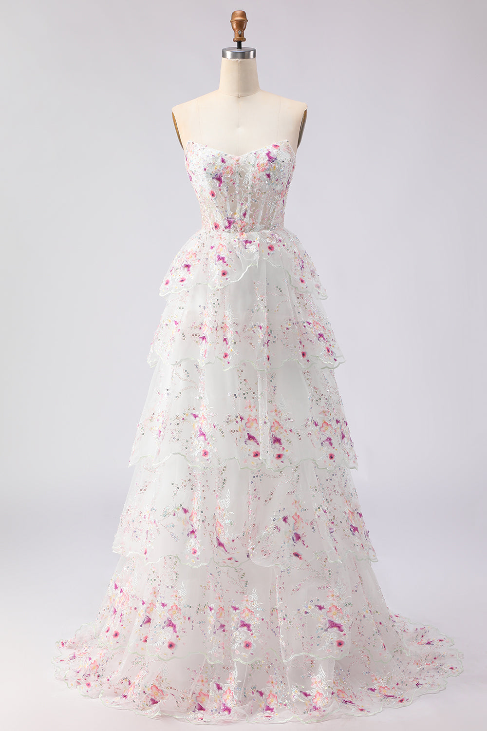 Sparkly Floral White and Pink A Line Tiered Strapless Lace Long Prom Dress
