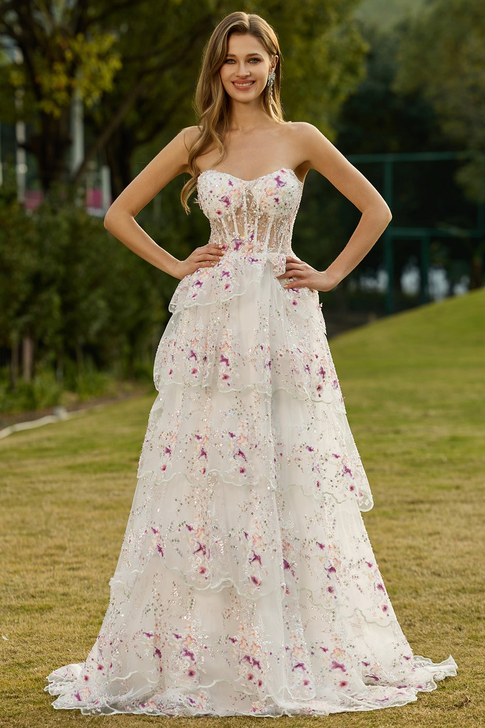 Sparkly Floral Black Pink Lace A Line Tiered Strapless Long Prom Dress