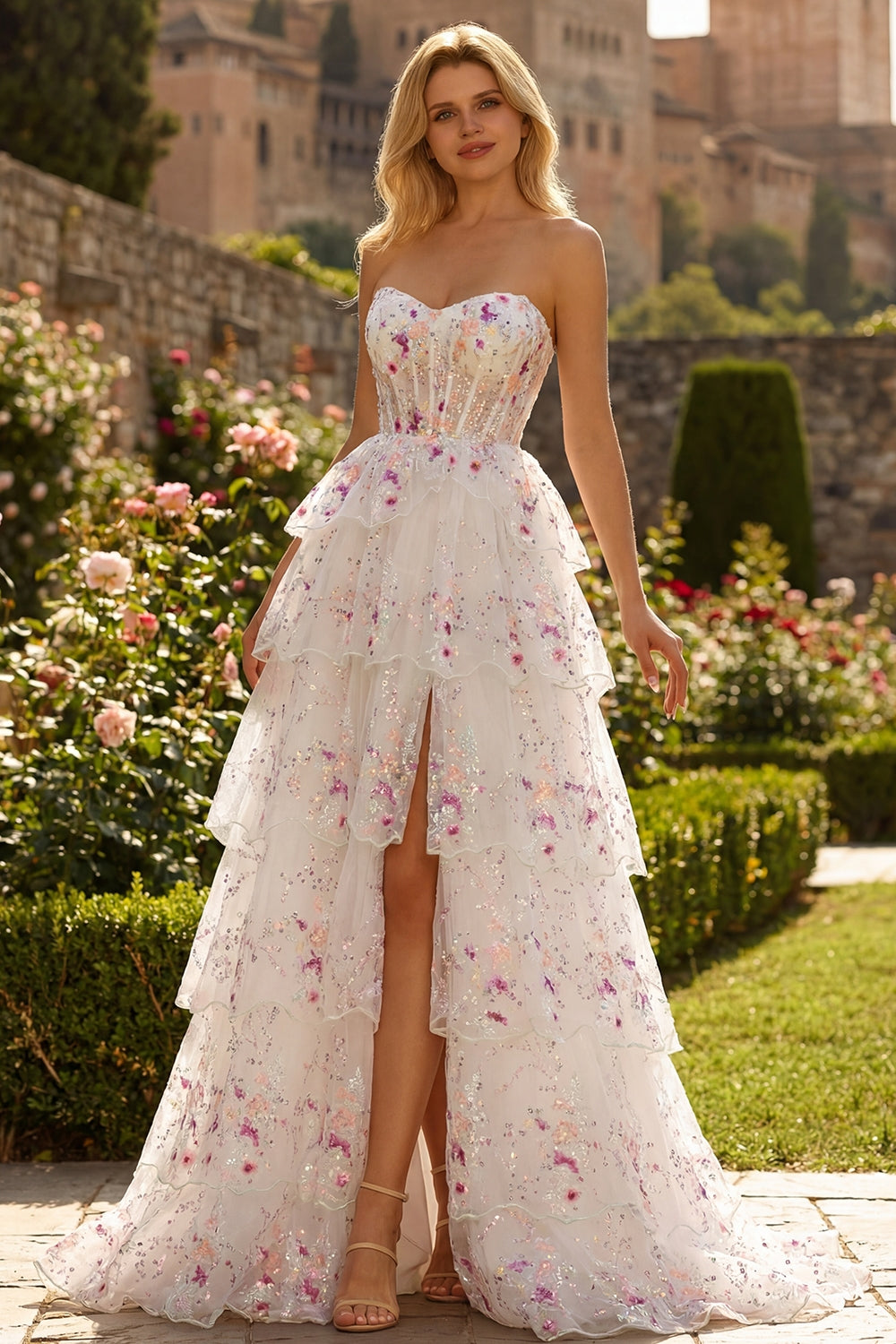 Sparkly Floral White and Pink A Line Tiered Strapless Lace Long Prom Dress
