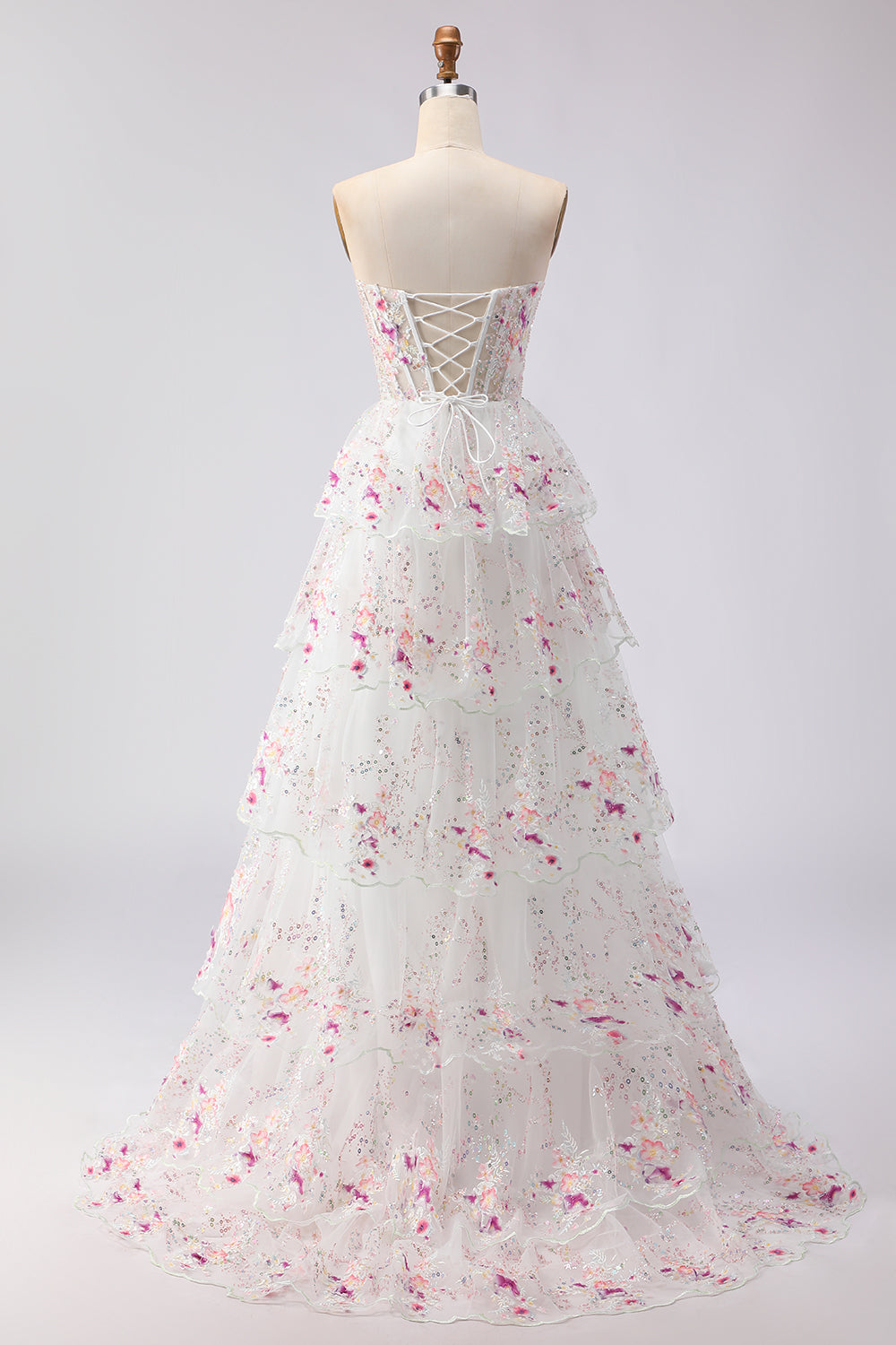 Sparkly Floral Black Pink Lace A Line Tiered Strapless Long Prom Dress