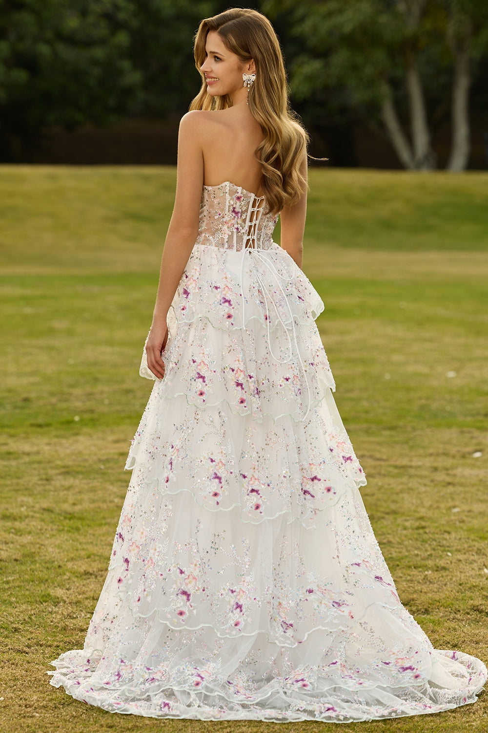 Sparkly Floral Black Pink Lace A Line Tiered Strapless Long Prom Dress