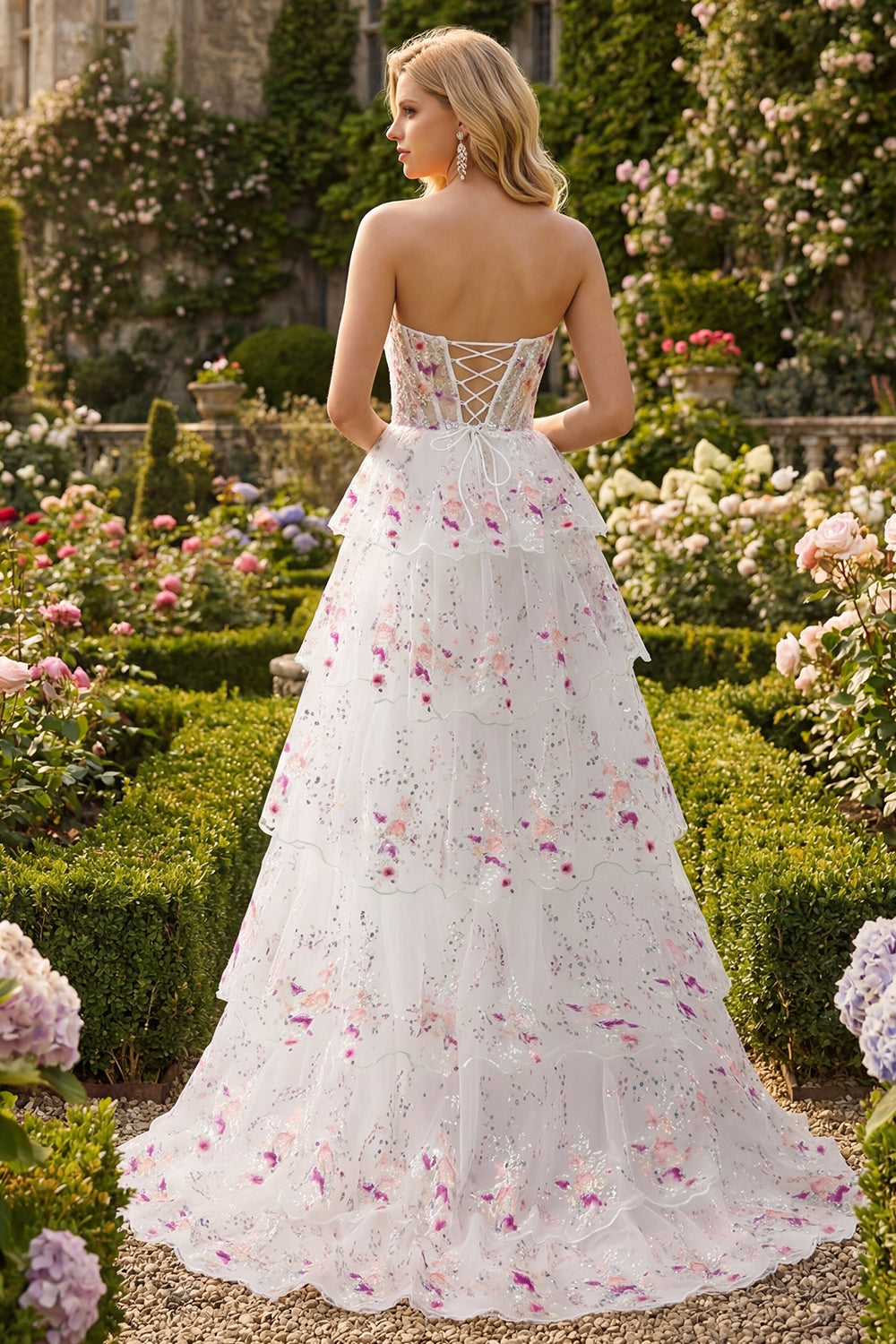 Sparkly Floral White and Pink A Line Tiered Strapless Lace Long Prom Dress