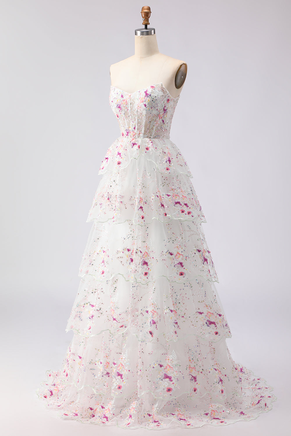 Sparkly Floral Black Pink Lace A Line Tiered Strapless Long Prom Dress