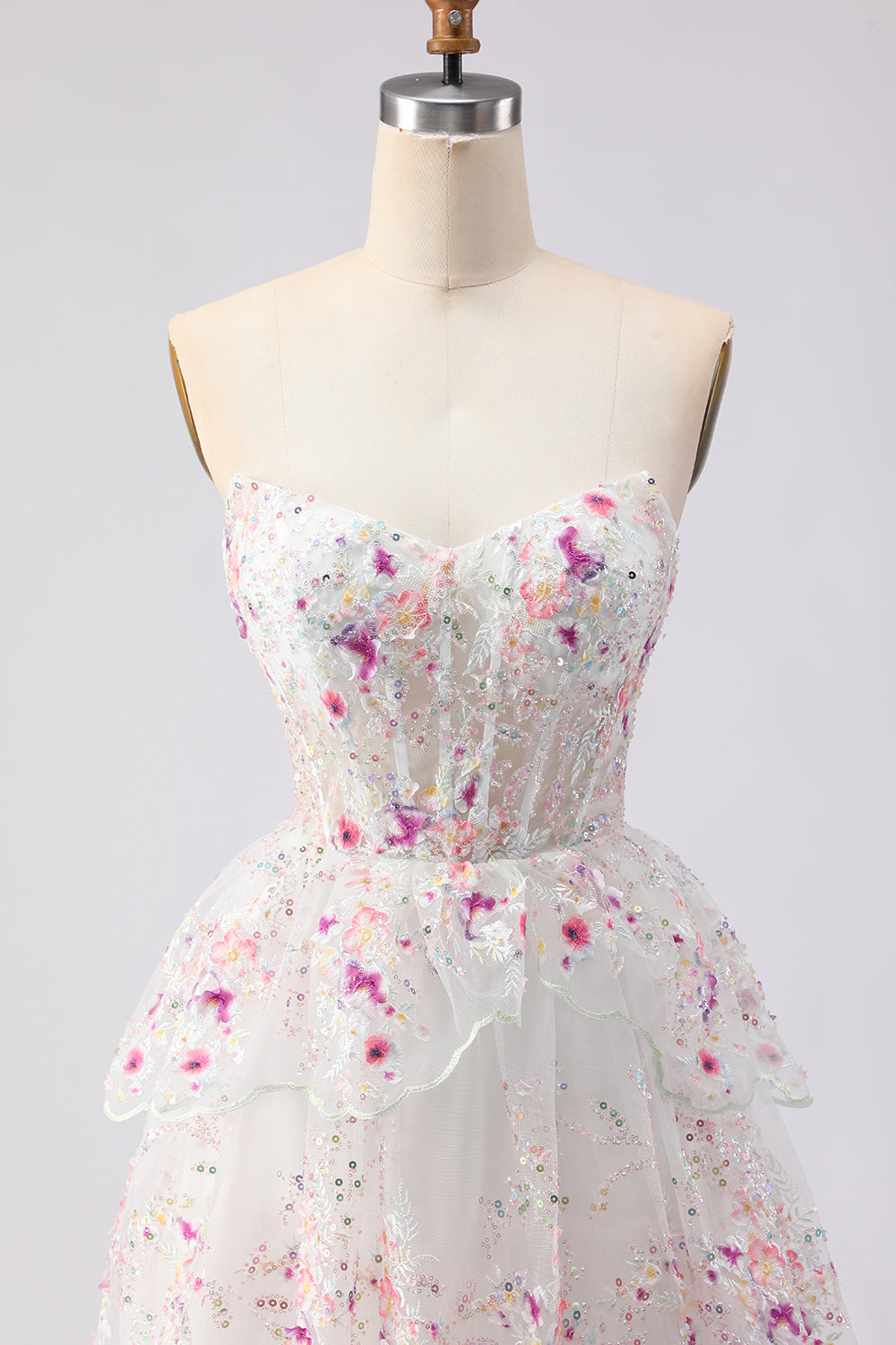 Sparkly Floral White and Pink A Line Tiered Strapless Lace Long Prom Dress