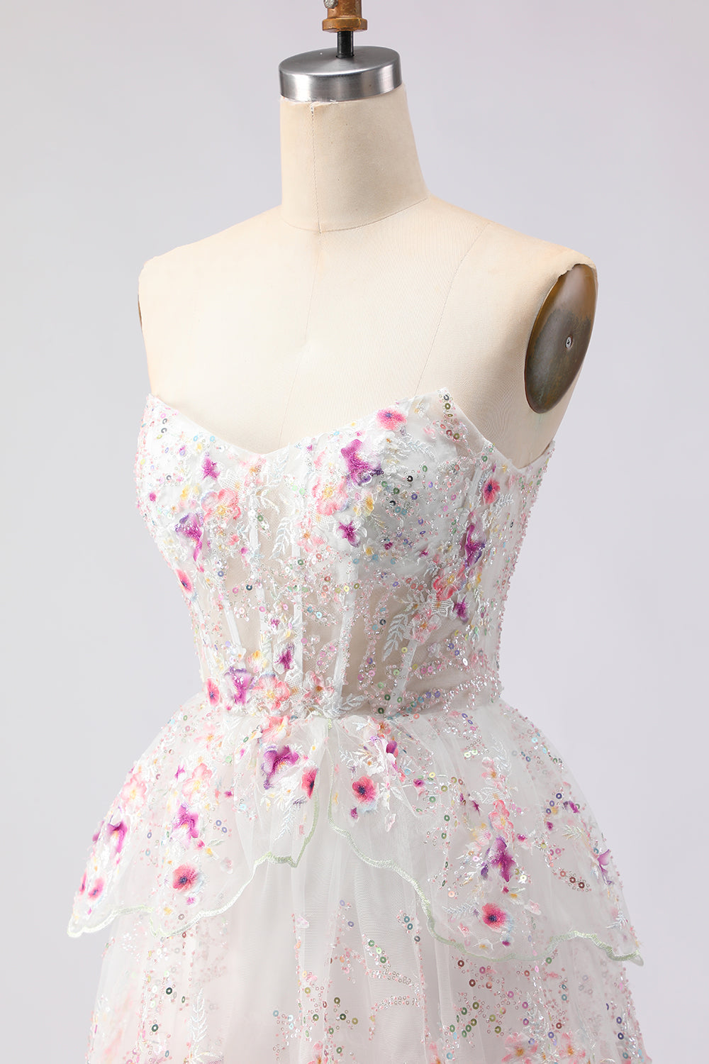 Sparkly Floral White and Pink A Line Tiered Strapless Lace Long Prom Dress