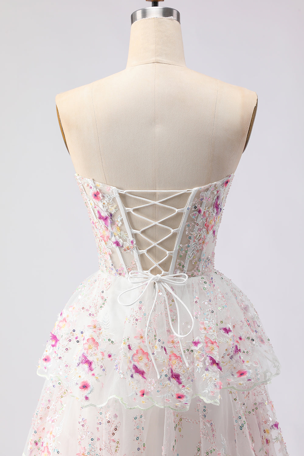 Sparkly Floral Black Pink Lace A Line Tiered Strapless Long Prom Dress