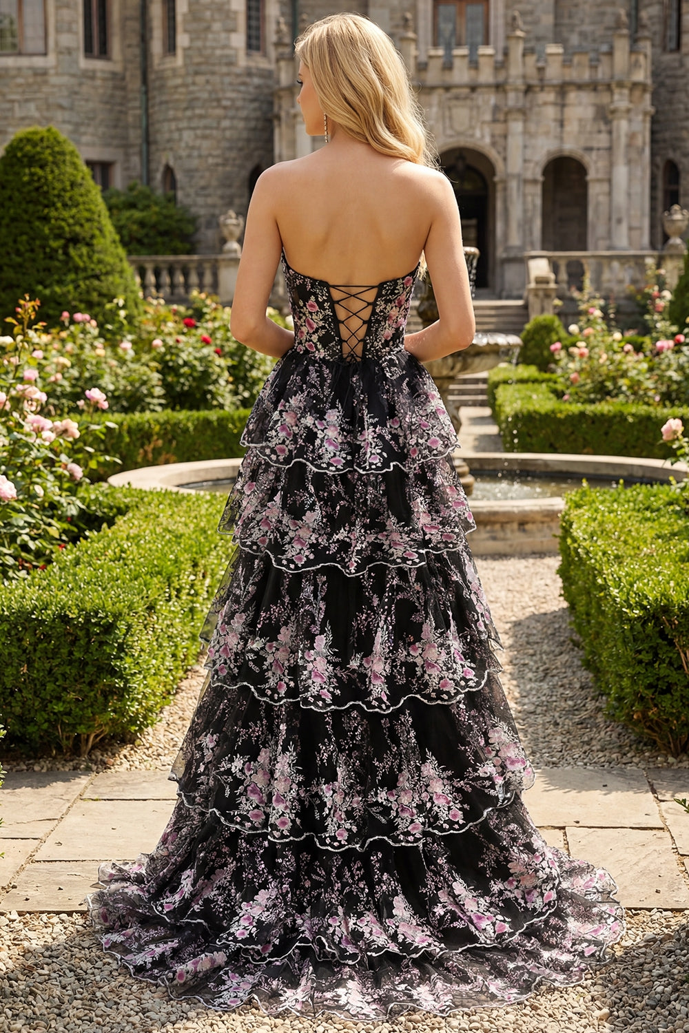 Sparkly Floral White and Pink A Line Tiered Strapless Lace Long Prom Dress