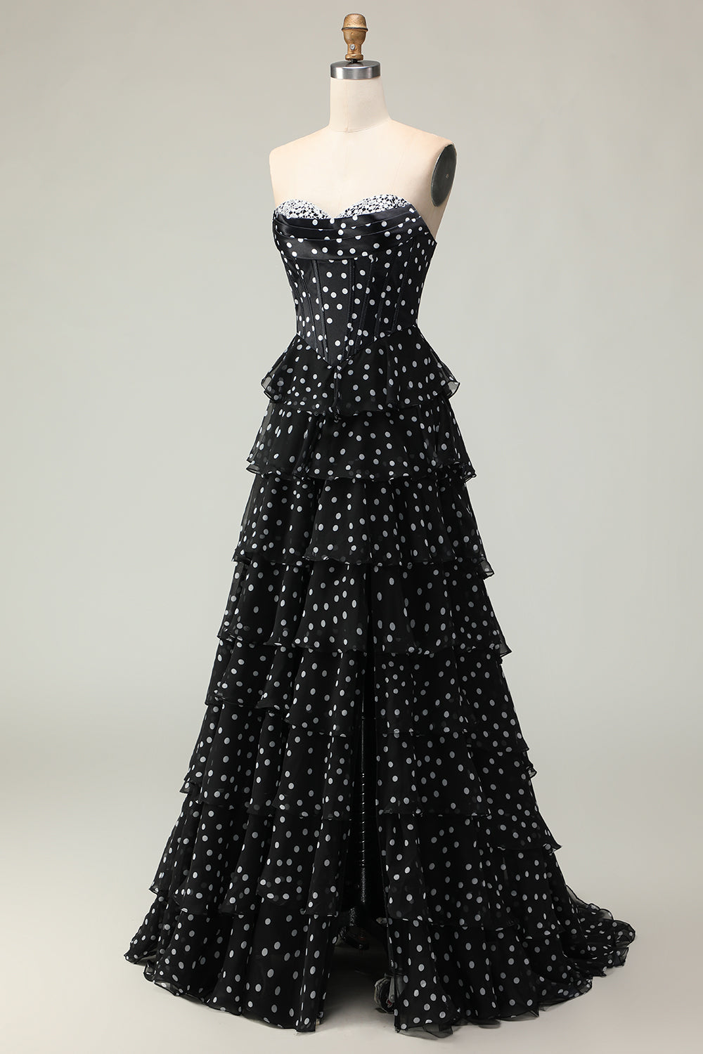 Sparkly Black and White Polka Dots Ruffled Corset Long Prom Dress